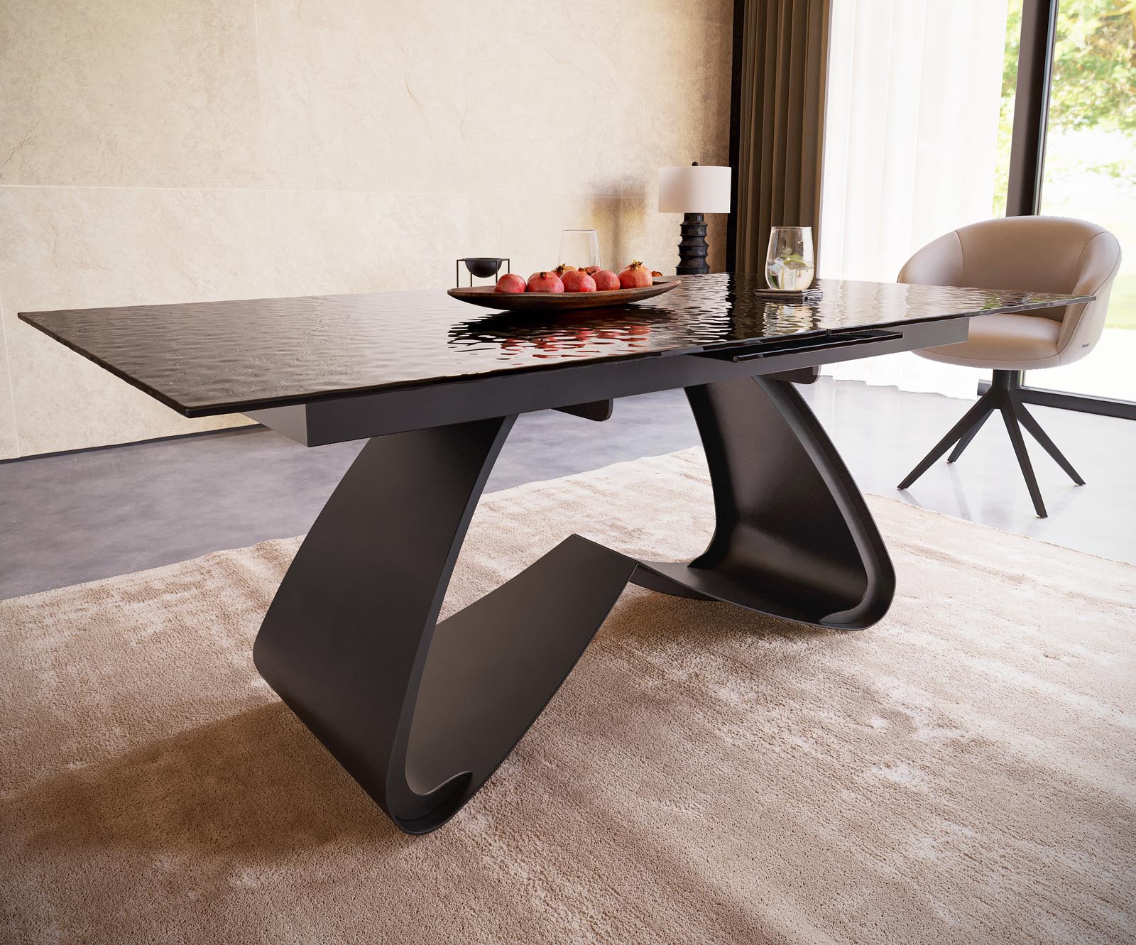 Маса 180-220x100 РелефноСтъкло ОпушеноЧерен 3D-Design W-Рамка Черен разтегателна Edge 4