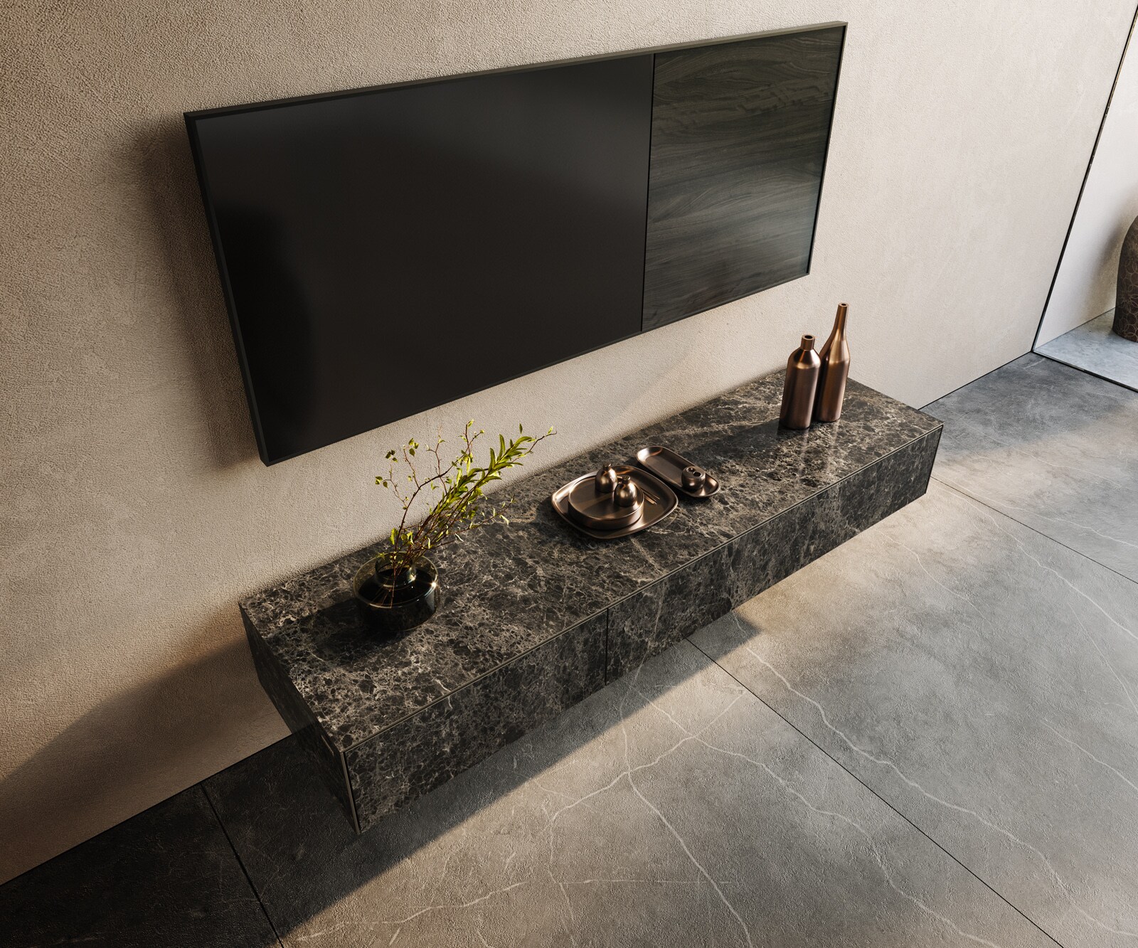 Стенен ТВ шкаф Cuor 150 см Керамика Laminam® Emperador Extra Lucidato Тъмно-кафяво 1 врата 1 чекмедже  3