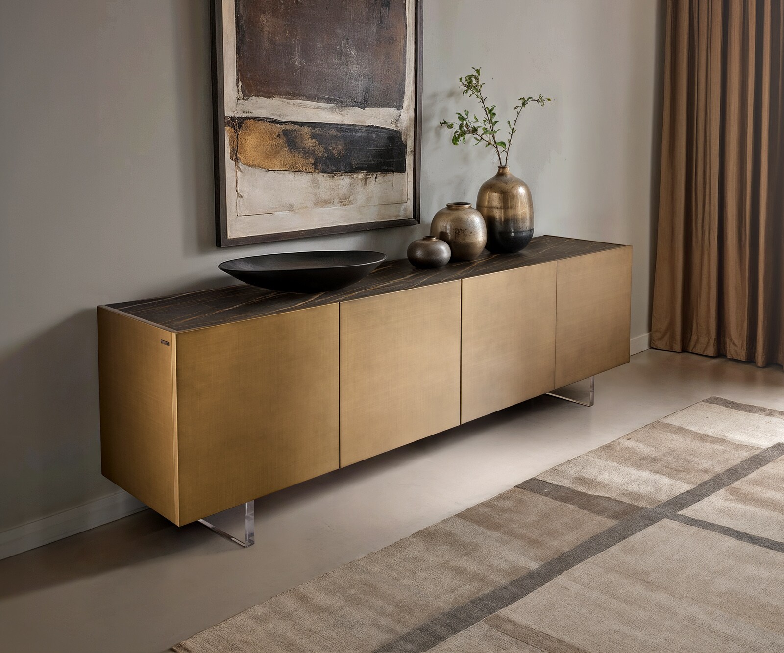 Шкаф Kazu 220 cm Metallic Gold 4 врати Ceramic Laminam®Noir Desir Brown