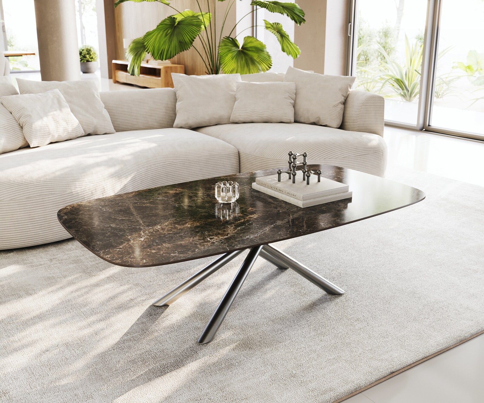 Масичка за кафе Edge Boot 140x80 cm Керамичен ламинат® Emperador Extra Lucidato Тъмно кафяво Sarity Матирана неръждаема стомана 1