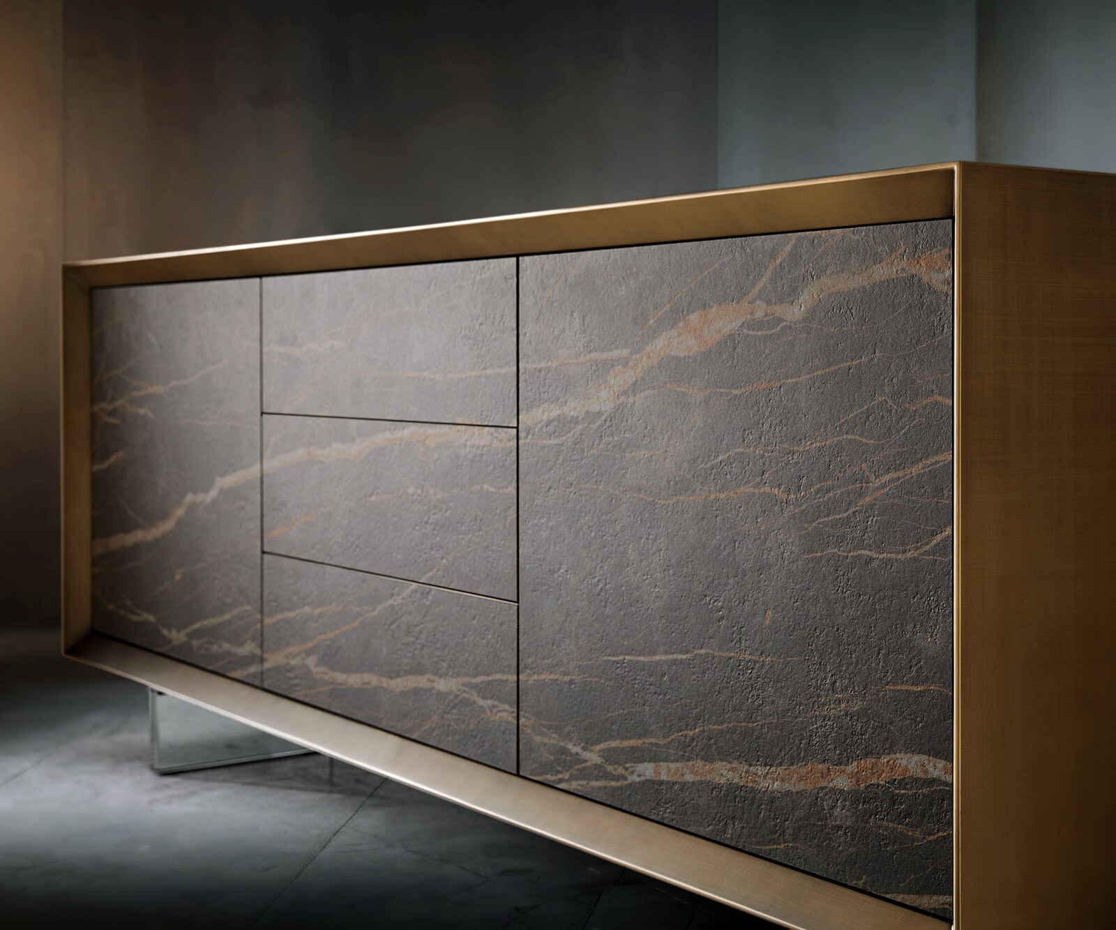 Шкаф Yori 200 cm Metallic Gold 2 врати 3 чекмеджета Ceramic Laminam®Noir Desir Brown 2