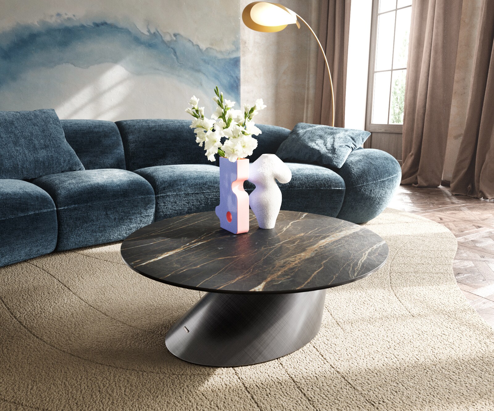 Масичка за кафе Edge Round 90x90 cm Ceramic Laminam® Noir Desir Brown Conis Metallic Silver