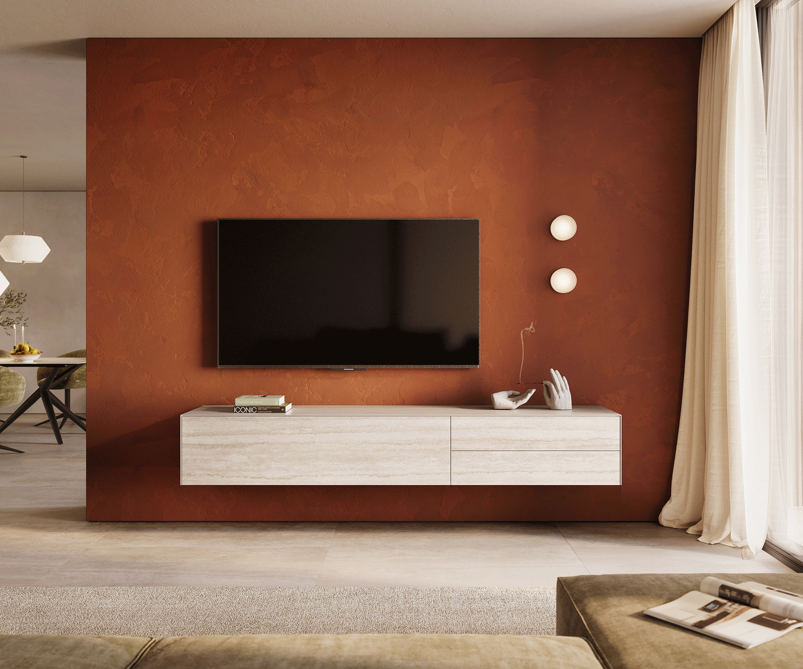 Стенен ТВ шкаф Cuor 220 см Керамика Laminam® Travertino Bianco Крем-бяло 1 врата 2 чекмеджета  1