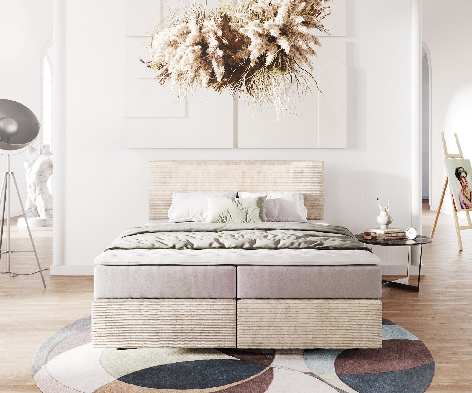 Легло с бокс-спринг Dream-Well 160x200 см, цвят „Cord Beige“, с матрак с независими пружини и топър Visco 1