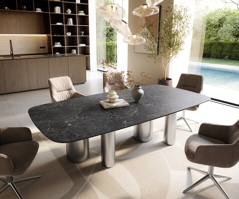 Трапезна маса Edge Boot 240x120 см, керамика Laminam „®“, „Nero Greco“, „Anthrazit“, крака от неръждаема стомана с матирана повърхност