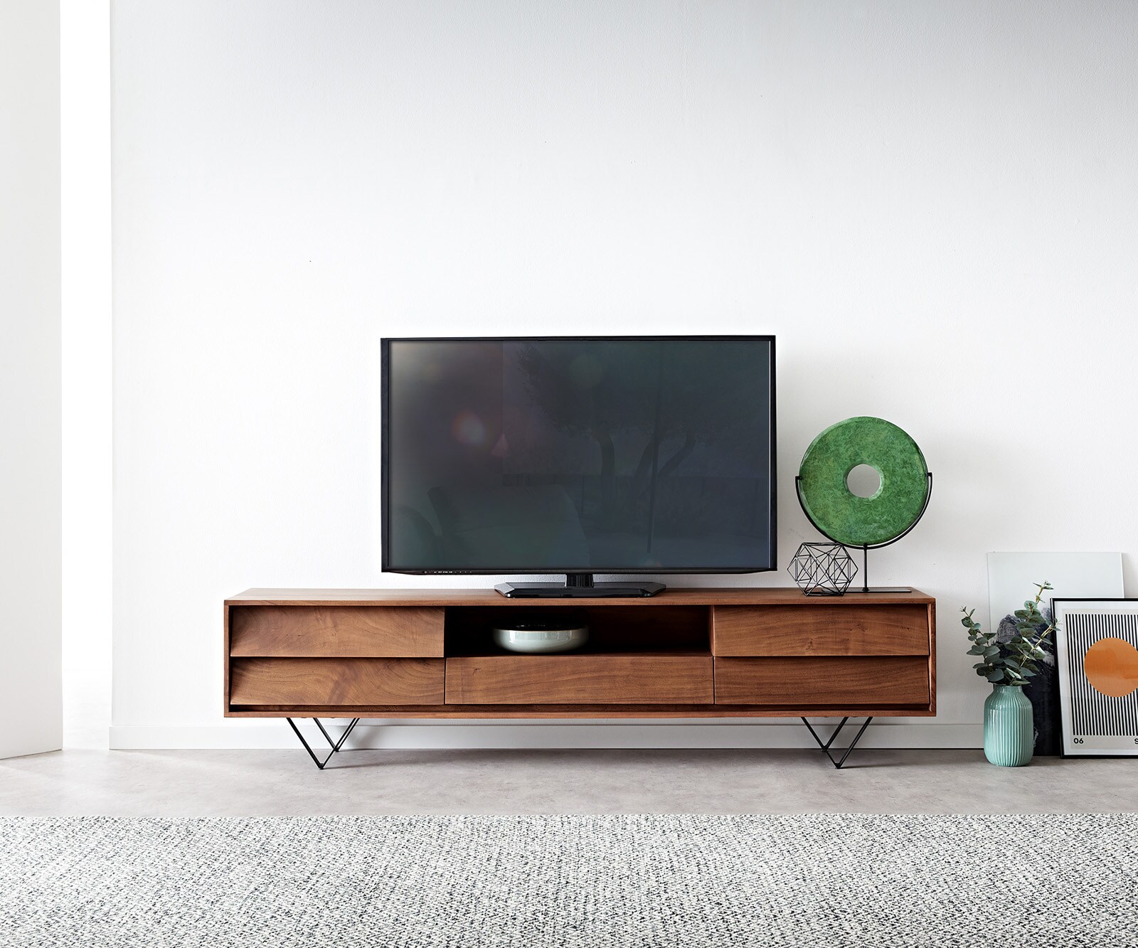 Нисък шкаф 200x35 cm Акация Кафяв 2 Врати 1 Чекмедже V-Крак Черен Eloi 1