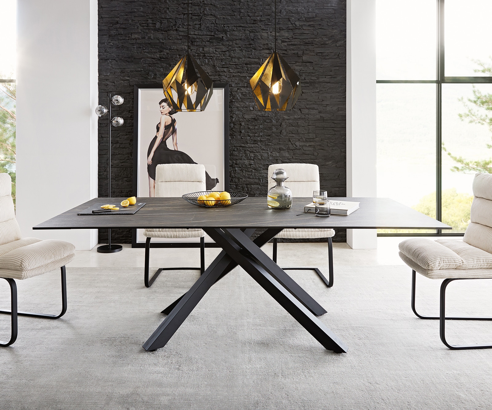 Маса 200x100cm Keramik Laminam®Noir Desir Кафяв среден крак Кръст Черен Edge 6