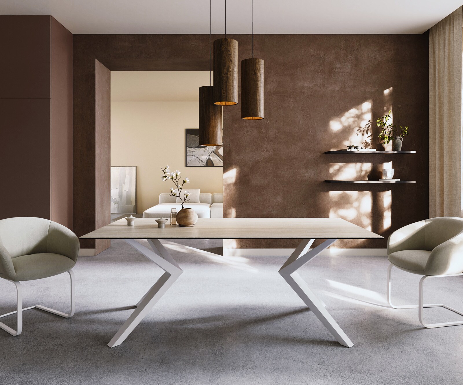 Трапезна маса Edge 200x100, керамика Laminam „®“, Travertino Bianco, кремаво-бяла, Zenthara, с остри ръбове, метал, бяла