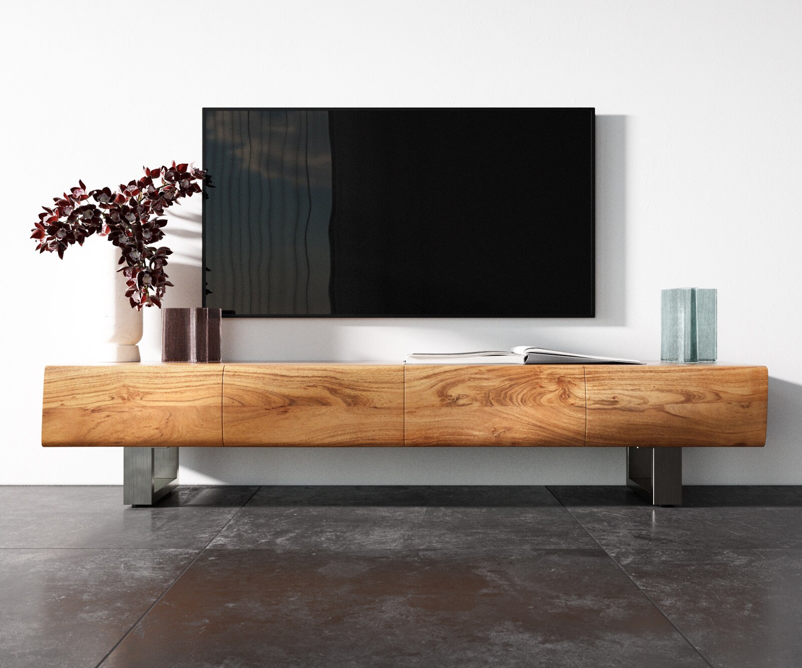 Нисък шкаф New Live-Edge 175 см, естествена акация, 4 вратички, матирана неръждаема стомана 3