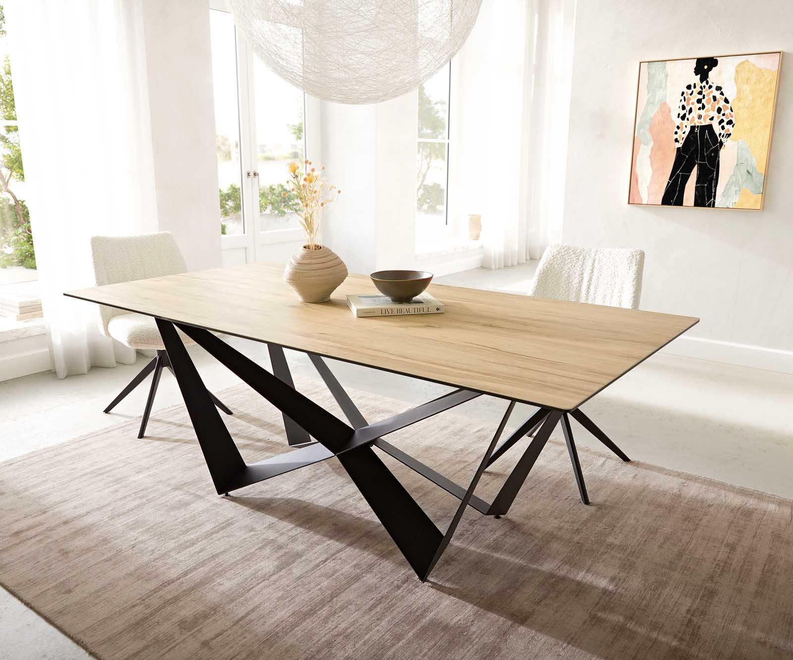 Маса 200x100 Keramik Laminam® Sabbia Дъбfarbig Spider плоска стомана Черен Edge 1