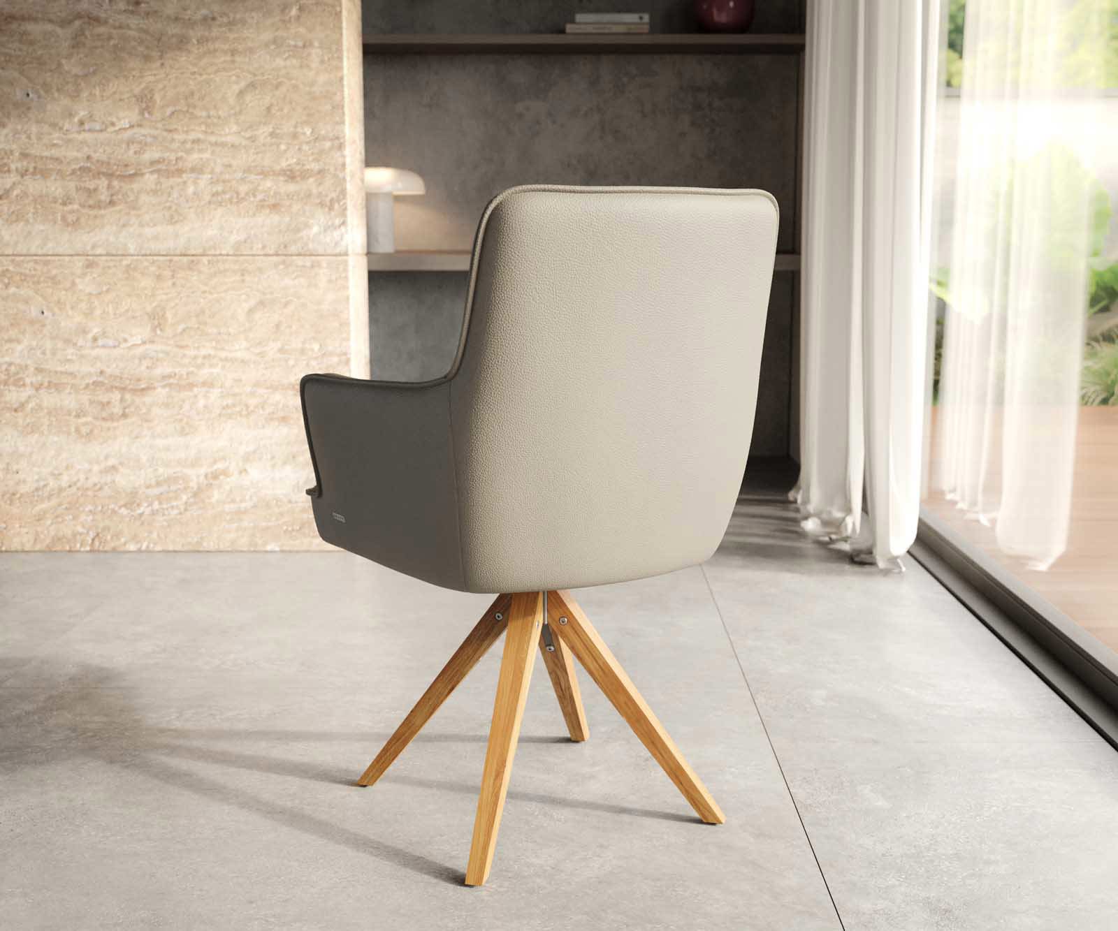 Врътящ се стол с подлакътници Естествена кожа Сиво-Кафяв Дървена рамка  Натурал 180° въртящ се Покет пружина Heira-Flex 3 Врътящ се стол с подлакътници Естествена кожа Сиво-Кафяв Дървена рамка  Натурал 180° въртящ се Покет пружина Heira-Flex 3