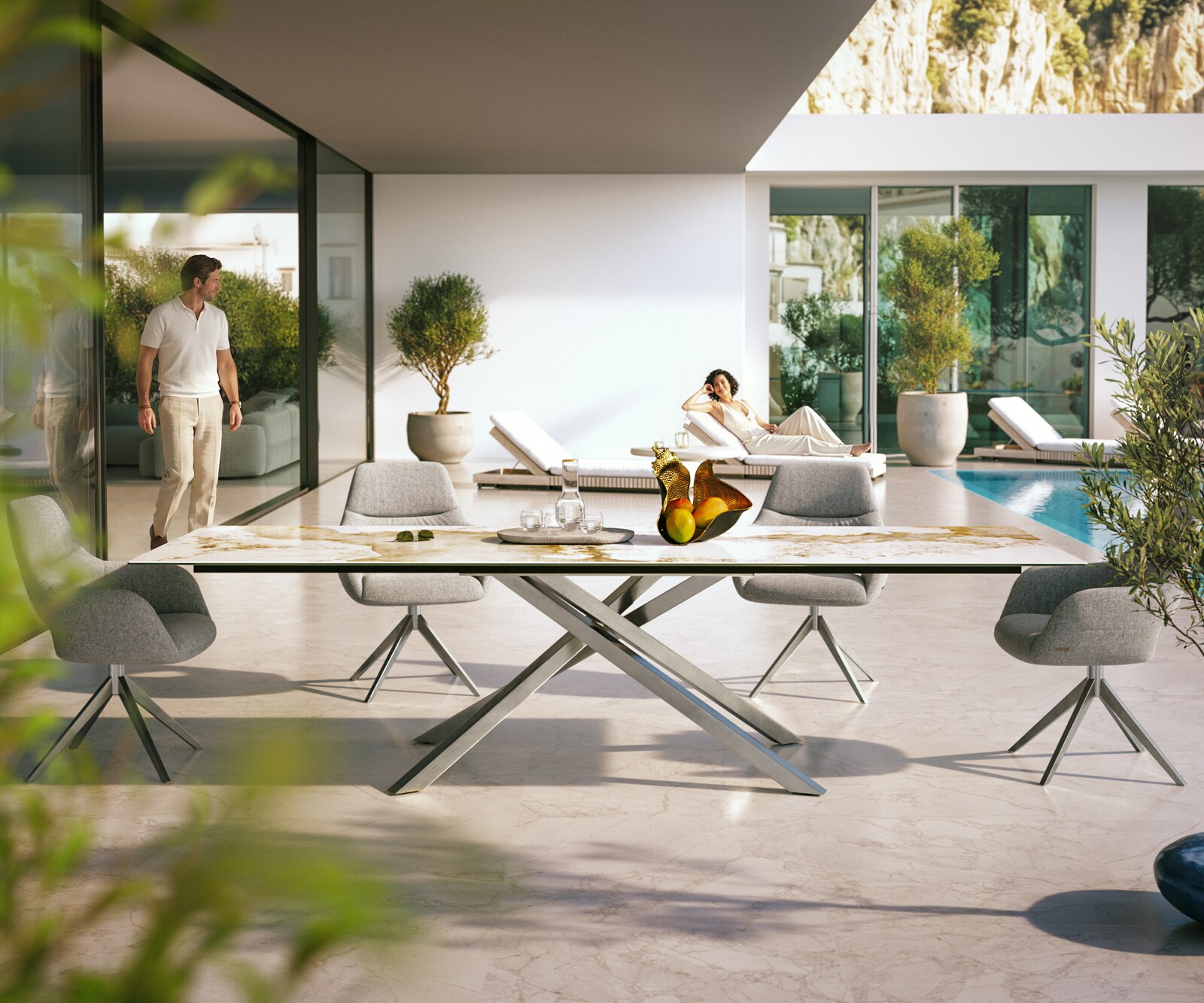 Луксозна външна маса Edge 300x100 см, керамичен правоъгълен плот Minas Melange, Кръстовидна основа, Бяло-бежово/Сребристосив 1