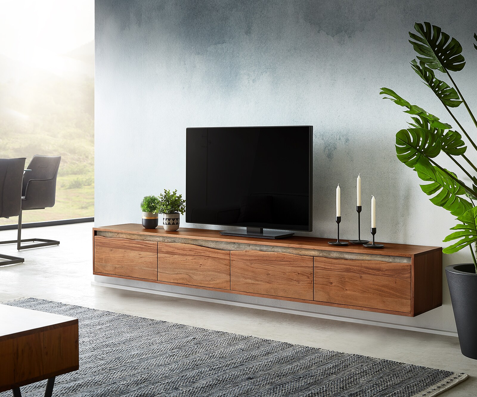 ТВ шкаф 220 cm Акация Кафяв естествен ръб 4 Врати висящ Stonegrace
