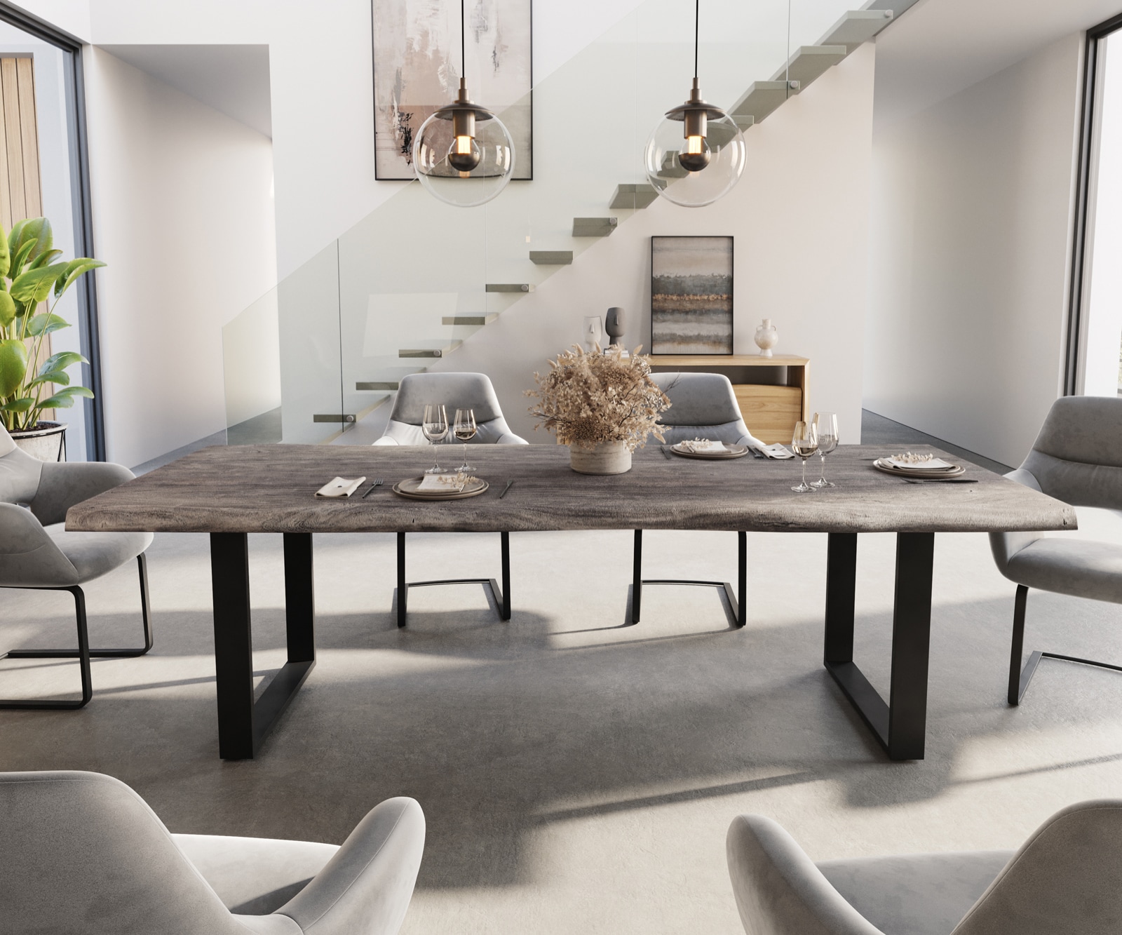 Трапезна маса Edge 260x100 XL от акация, платинен цвят, черни крака, с естествени ръбове 1