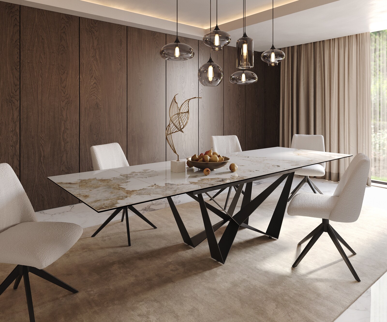 Маса 200-300x100 Keramik Minas Melange Бял-Бежов Spider плоска стомана Черен разтегателна Edge 1