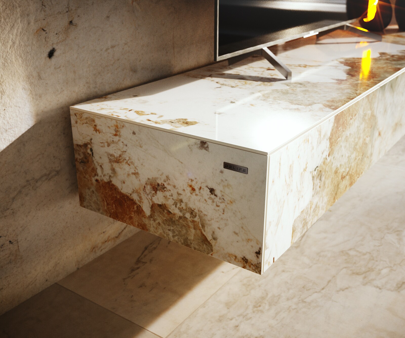 Ниска дъска Cuor 150 см Керамика Minas Melange Бяло-бежово 1 клапа 1 чекмедже Основа Плаващ вид акрилно стъкло 6