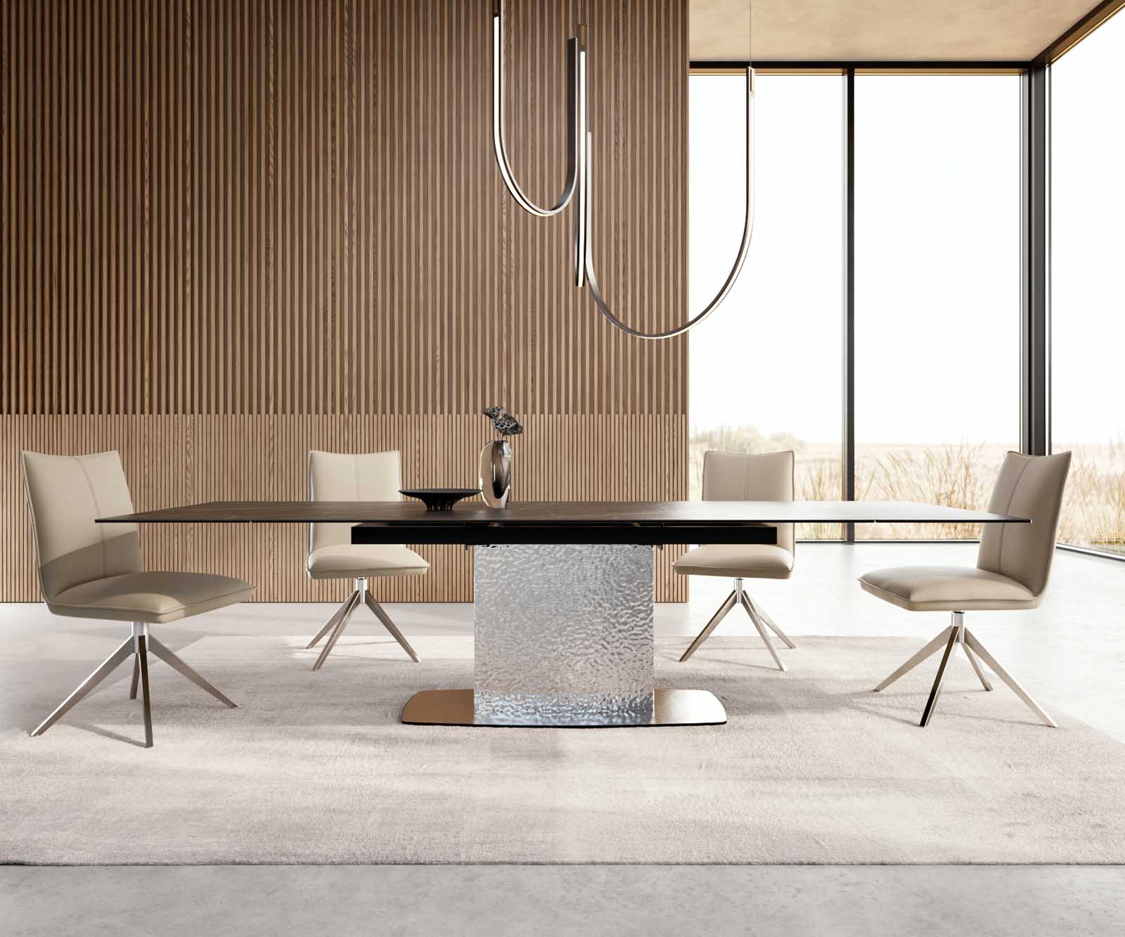 Разтегателна трапезна маса Edge 200-300х100 см Керамика Laminam®Noir Desir Тъмнокафяв Един крак основа Сребристосив 1