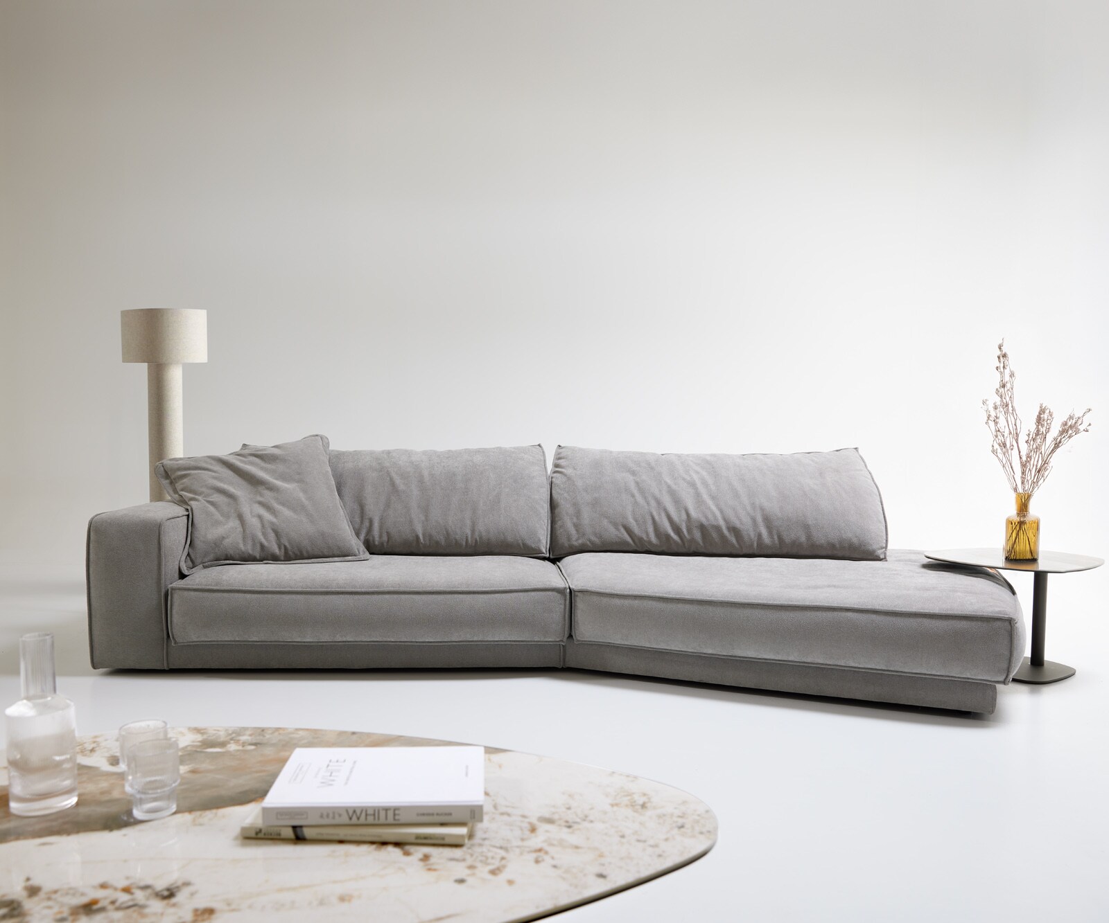 Голям диван Snoosh 400x150 cm текстурирана тъкан меко сиво Recamiere дясно 3