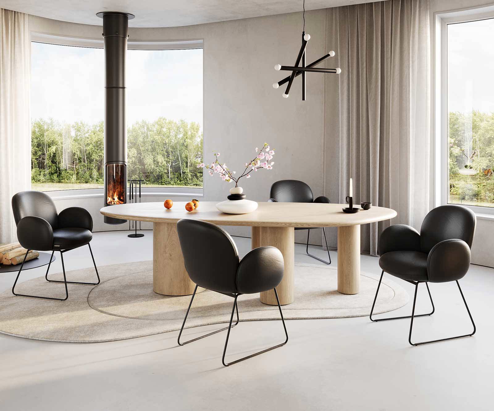 Стол Естествена кожа Черна Извити крака Черни Покет пружина Nube-Flex 5