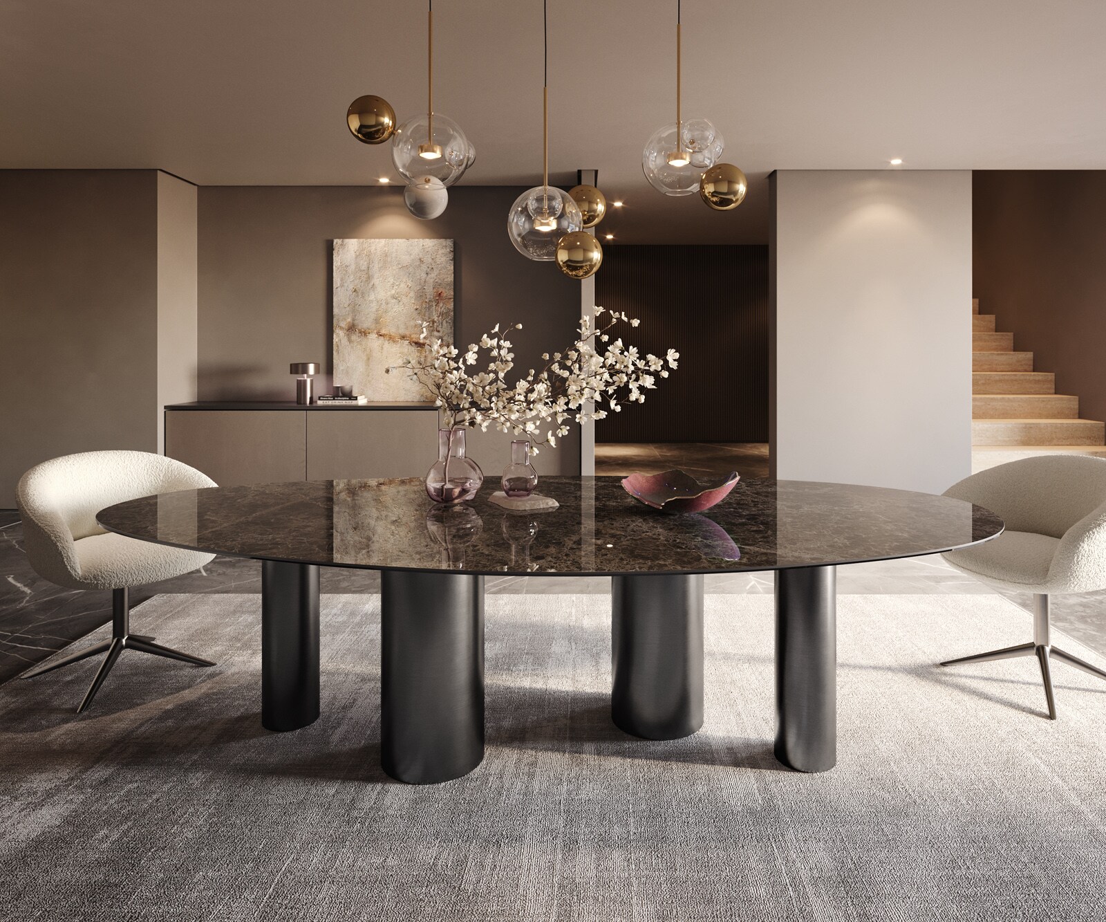 Трапезна маса Edge Oval 280x130, керамика Laminam „®“, Emperador Extra Lucidato, тъмнокафяво, Pilier, неръждаема стомана, графит 1