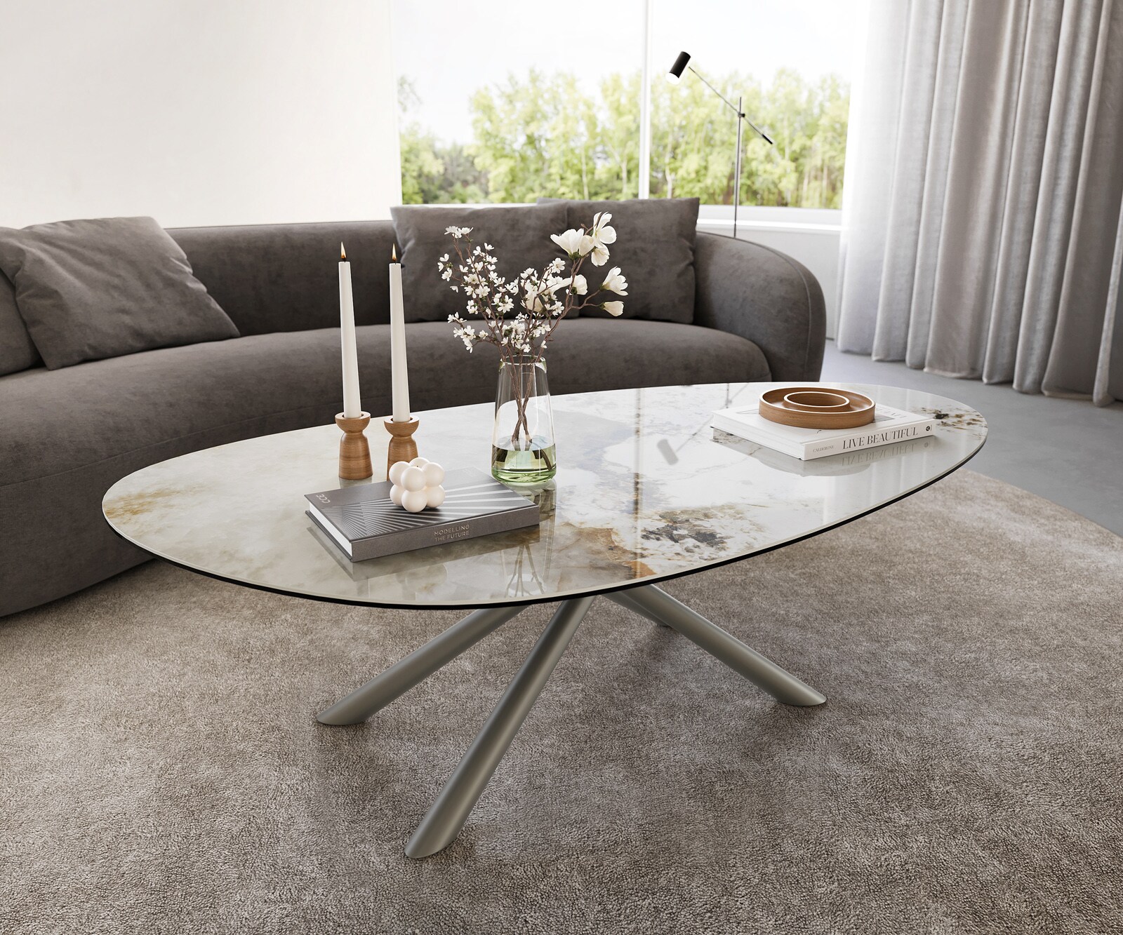 Масичка за кафе Edge Oval 140x75 cm керамика Minas Melange Sarity метален ефект покритие титан 1
