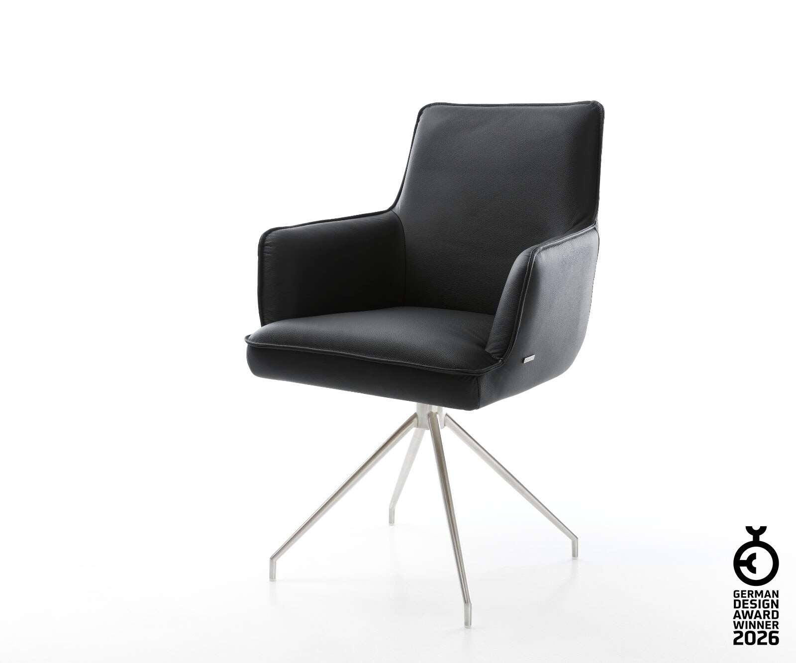 Врътящ се стол с подлакътници Естествена кожа Черен Конус крак кръгъл Неръждаема стомана 180° въртящ се Покет пружина Heira-Flex