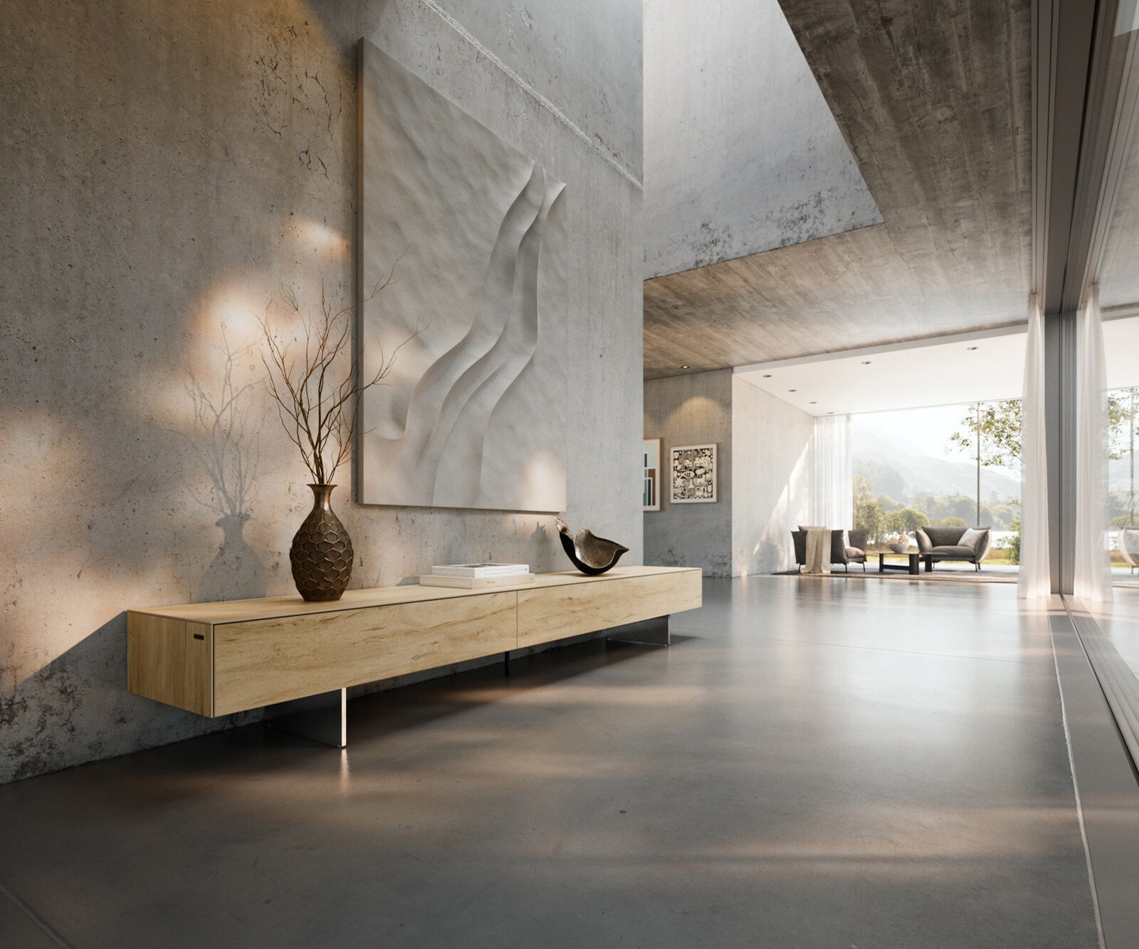 Ниска дъска Cuor 250 cm Керамичен ламинат® Sabbia Дъбов цвят 1 капак 1 чекмедже Основа Окачен вид неръждаема стомана 1