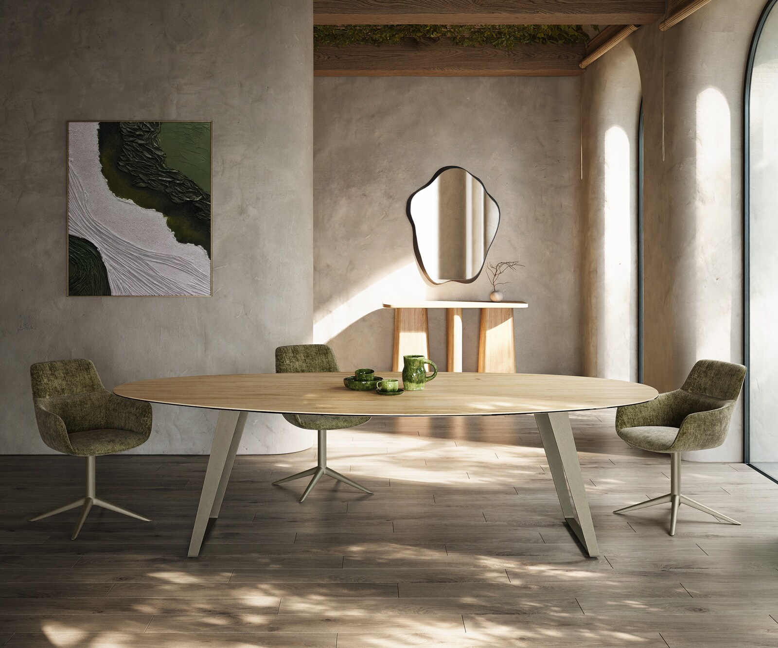 Трапезна маса Edge Oval 280x130 см, керамика Laminam „®“, цвят „Sabbia“ (дъбов), метал с наклонено покритие „Titan“ 2