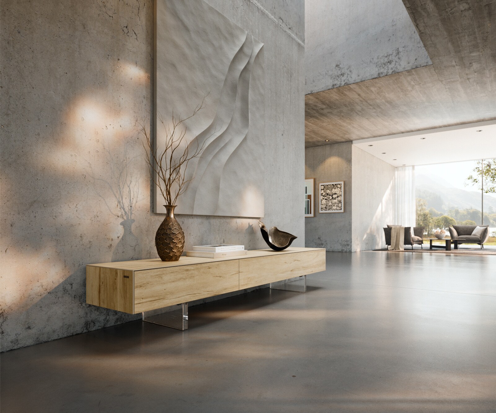 Ниска дъска Cuor 200 см Керамичен ламинат® Sabbia Дъбов цвят 1 клапа 1 чекмедже Основа Плаващ вид акрилно стъкло