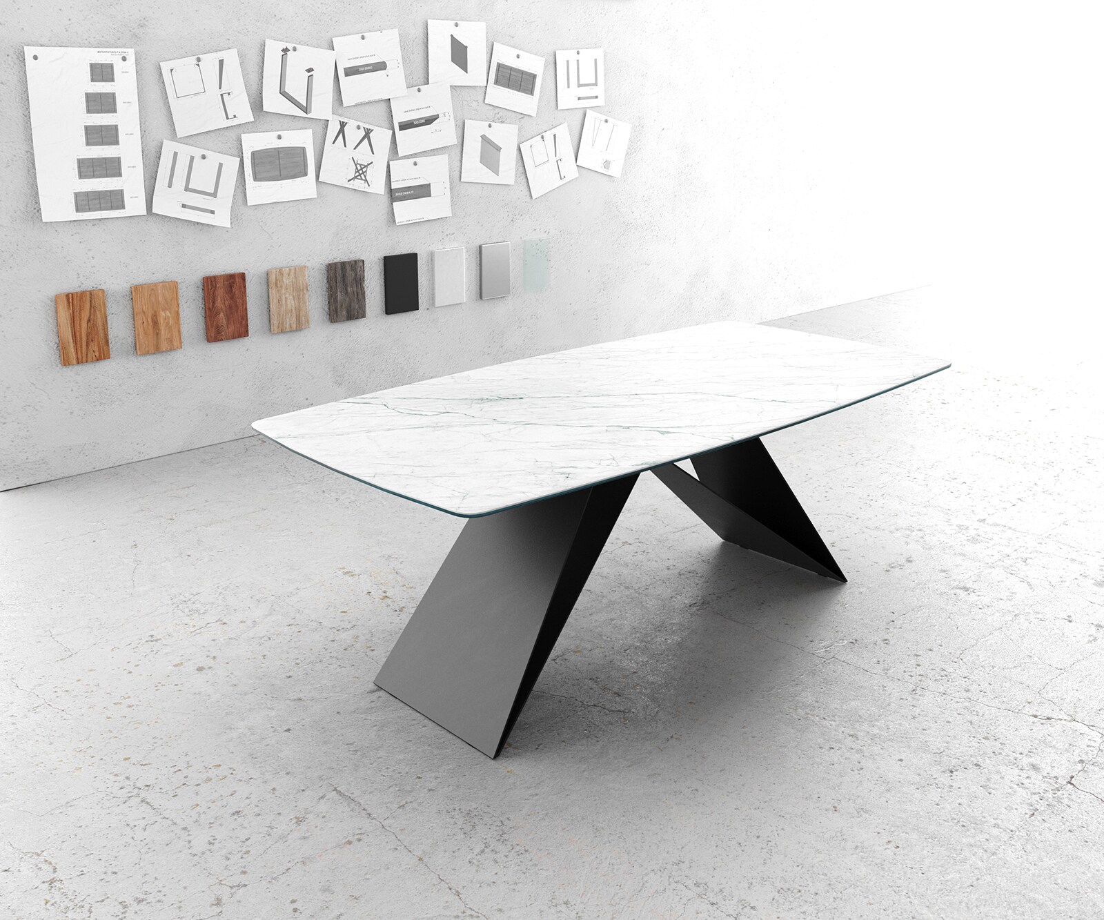 Маса Bootsform 200x100cm Keramik Laminam®Statuarietto Бял V-среден крак Черен Edge 1