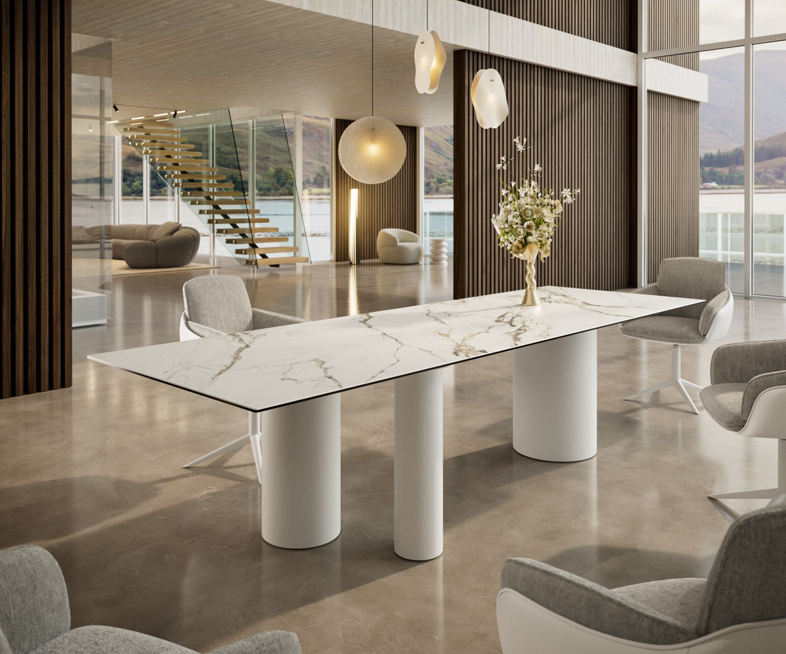 Трапезна маса Edge 300x100, керамика Calacatta Luxe, бяло-златно-сиво, метал Troa, бял 1