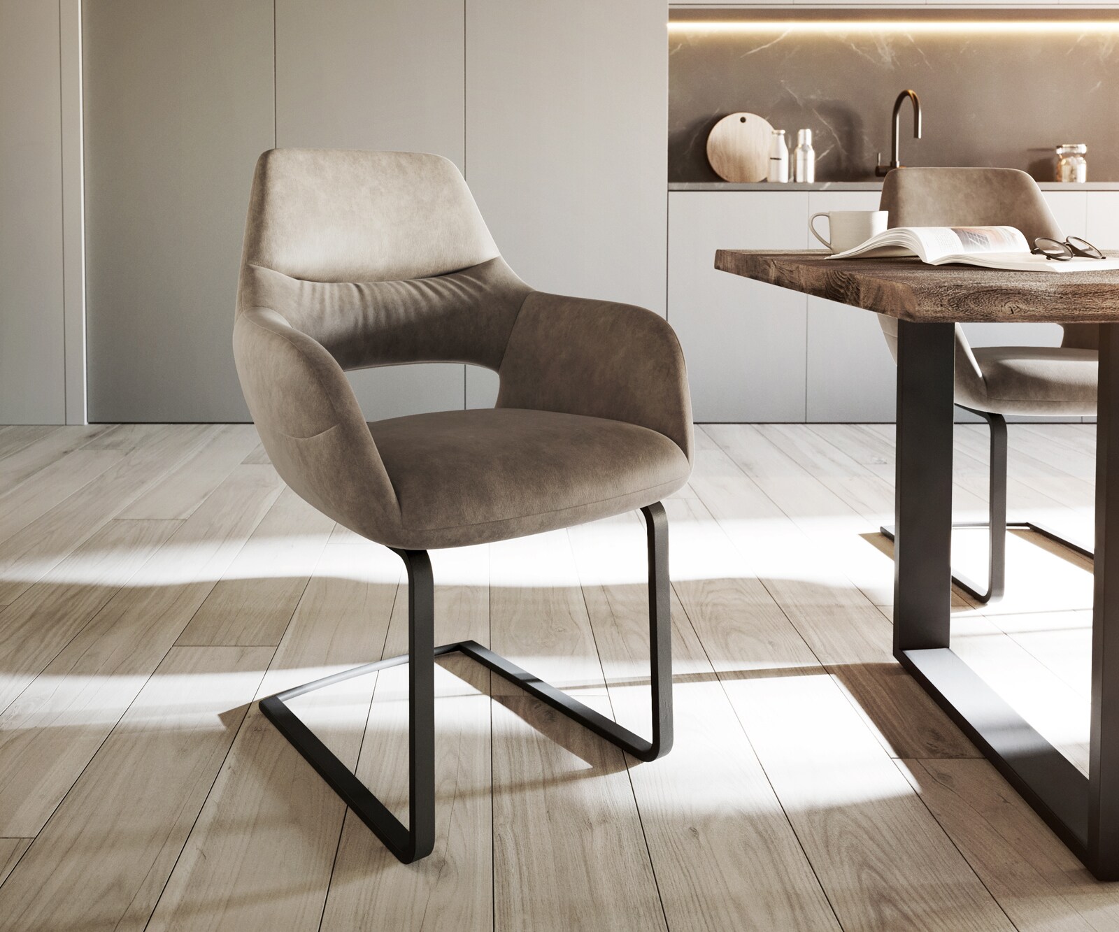 Люлеещ стол с подлакътници Таупе Винтидж Конзолен крак плосък Черен Yago-Flex 1