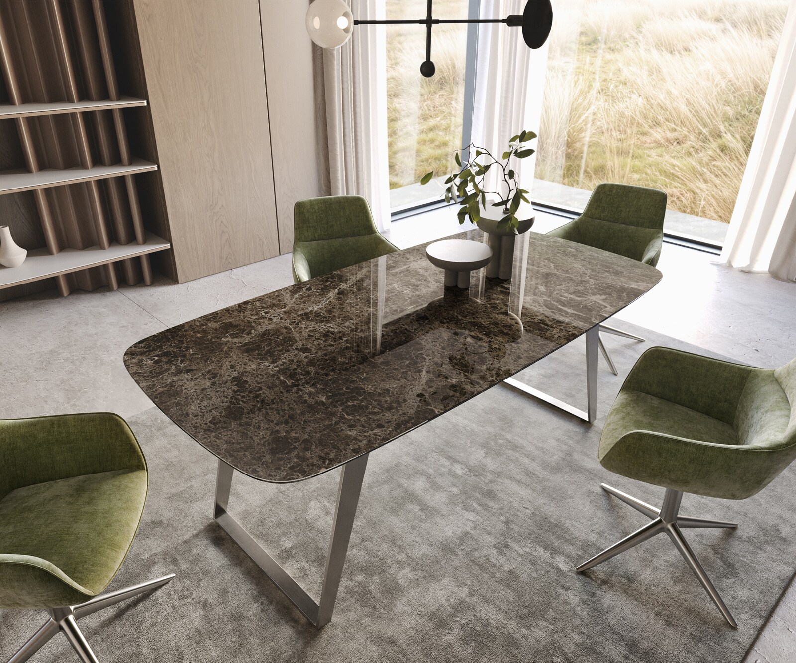 Трапезна маса Edge Boot 200x100, керамика Laminam „®“, Emperador Extra Lucidato, тъмнокафяво, неръждаема стомана, наклонена 2
