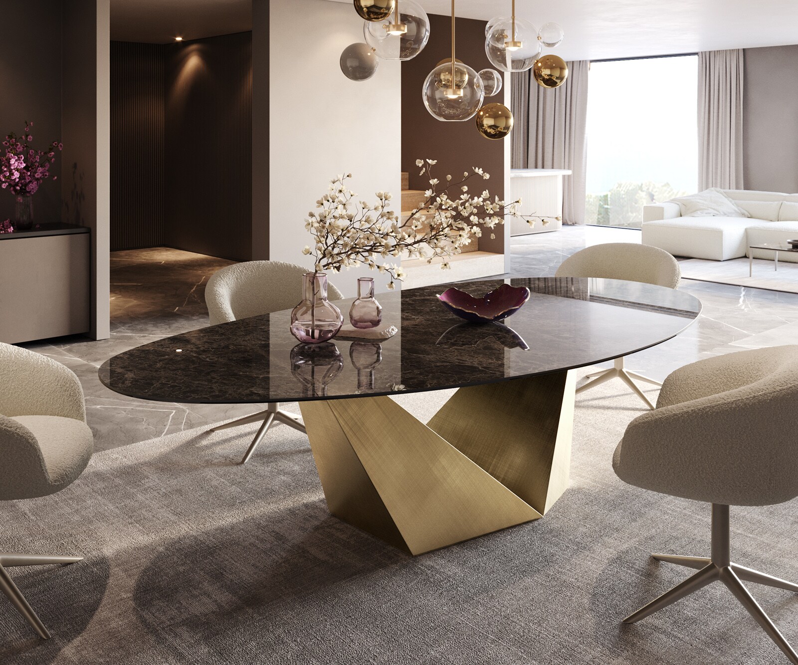 Трапезна маса Edge Oval 280x130 Ceramic Laminam® Emperador Extra Lucidato Dark brown Prisma Metallic Gold
