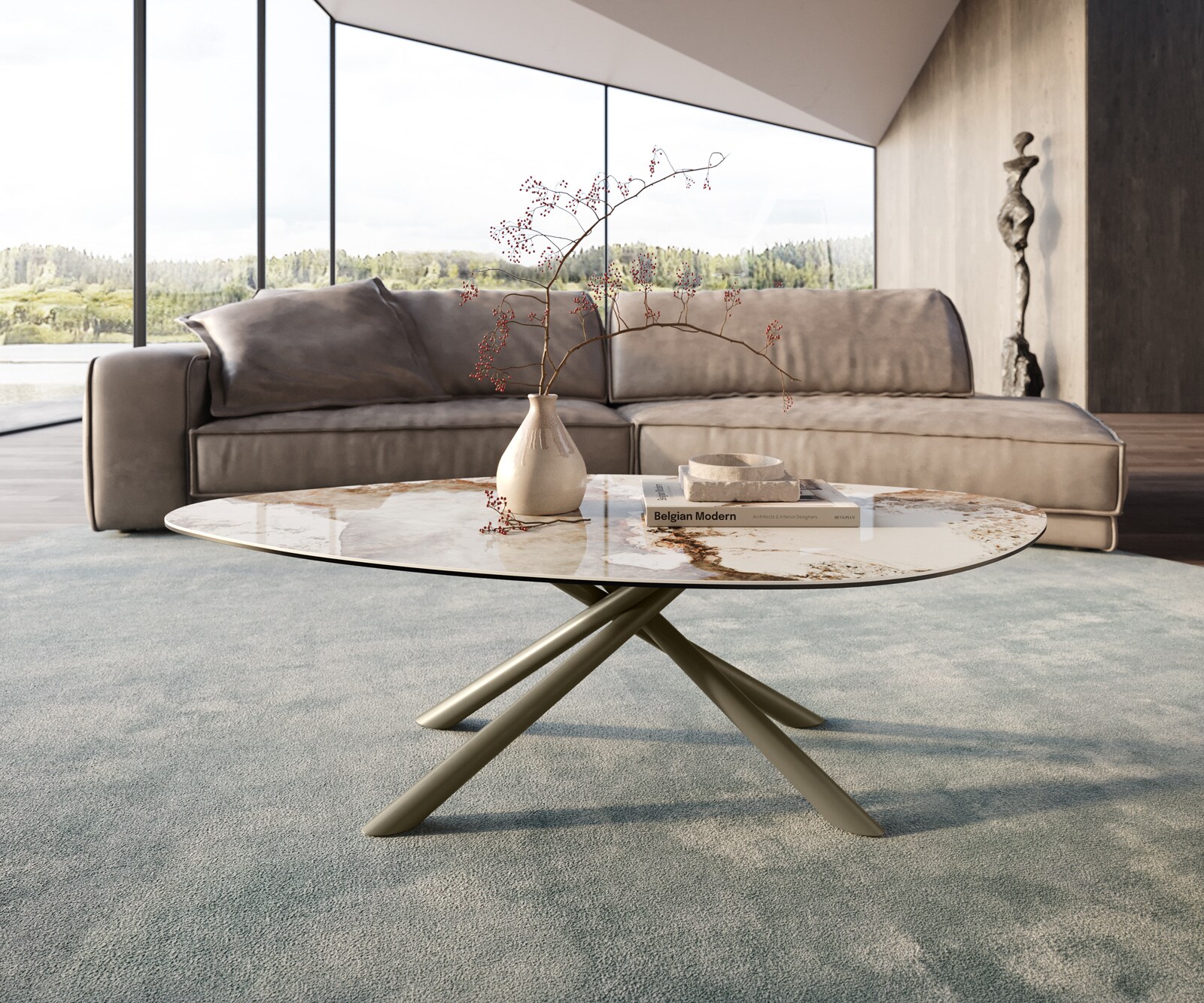 Масичка за кафе Edge Organic 140x76 cm керамика Minas Melange Sarity метален ефект покритие титан 1