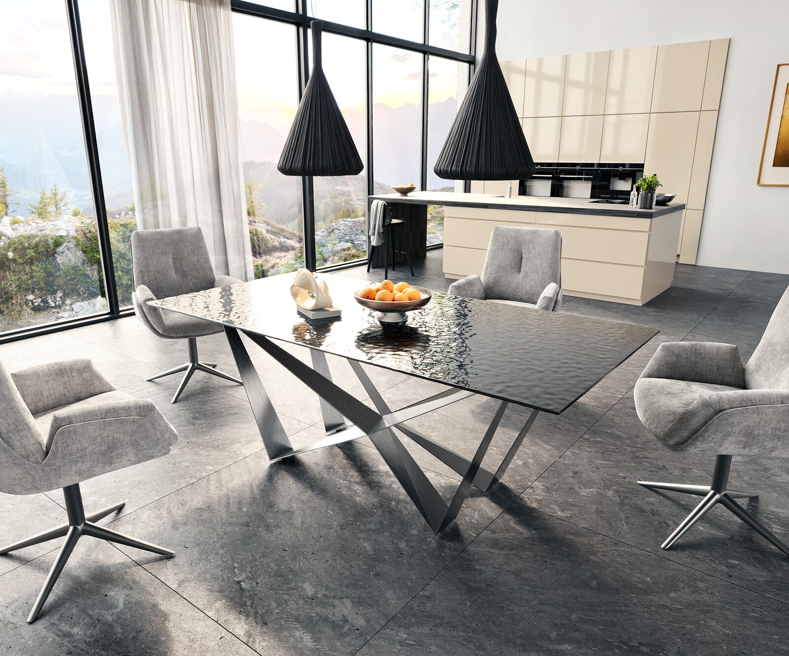 Edge трапезна маса 200x100 Relief стъкло опушено черно 3D дизайн Spider плоска стомана неръждаема стомана 5