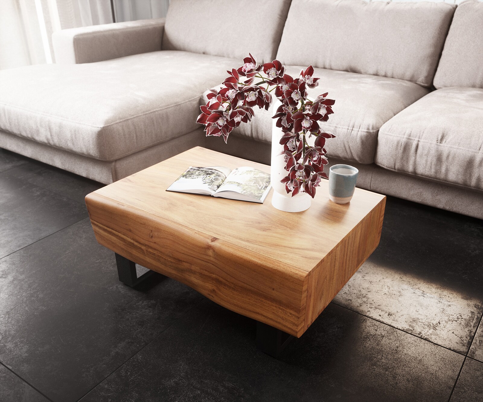 Масичка за кафе New Live-Edge 80x60 cm Acacia natural 2 чекмеджета Skid metal black