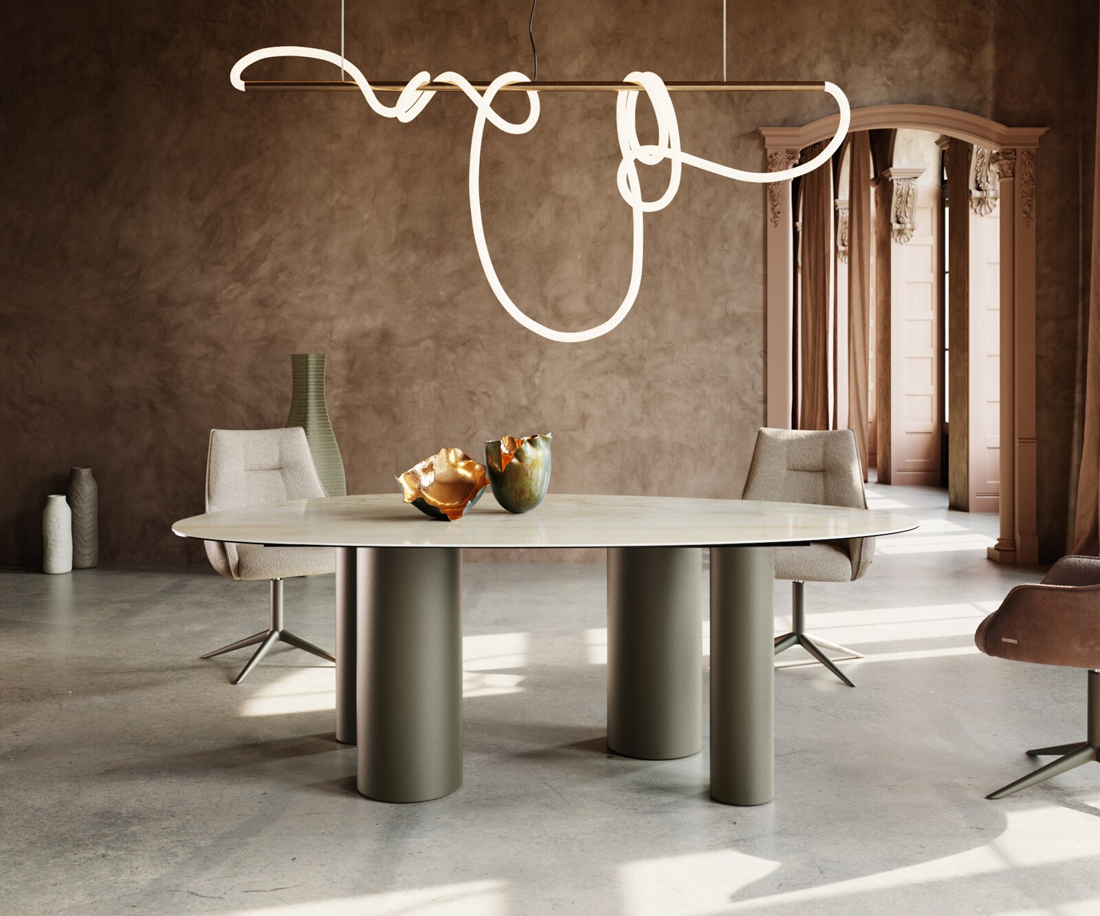 Трапезна маса Edge Oval 220x120, керамика Iris FMG Onice Oro, метална основа с ефект „Титан“ 1