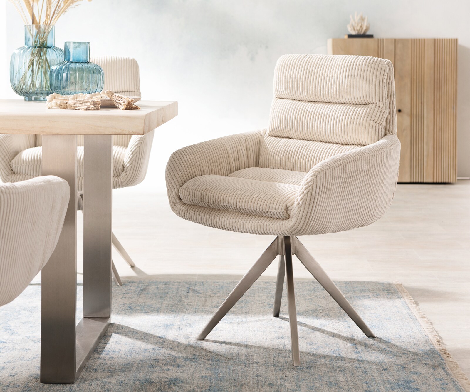 Врътящ се стол с подлакътници Корд Бежов Конус крак  Неръждаема стомана 180° въртящ се Abelia-Flex Врътящ се стол с подлакътници Корд Бежов Конус крак  Неръждаема стомана 180° въртящ се Abelia-Flex