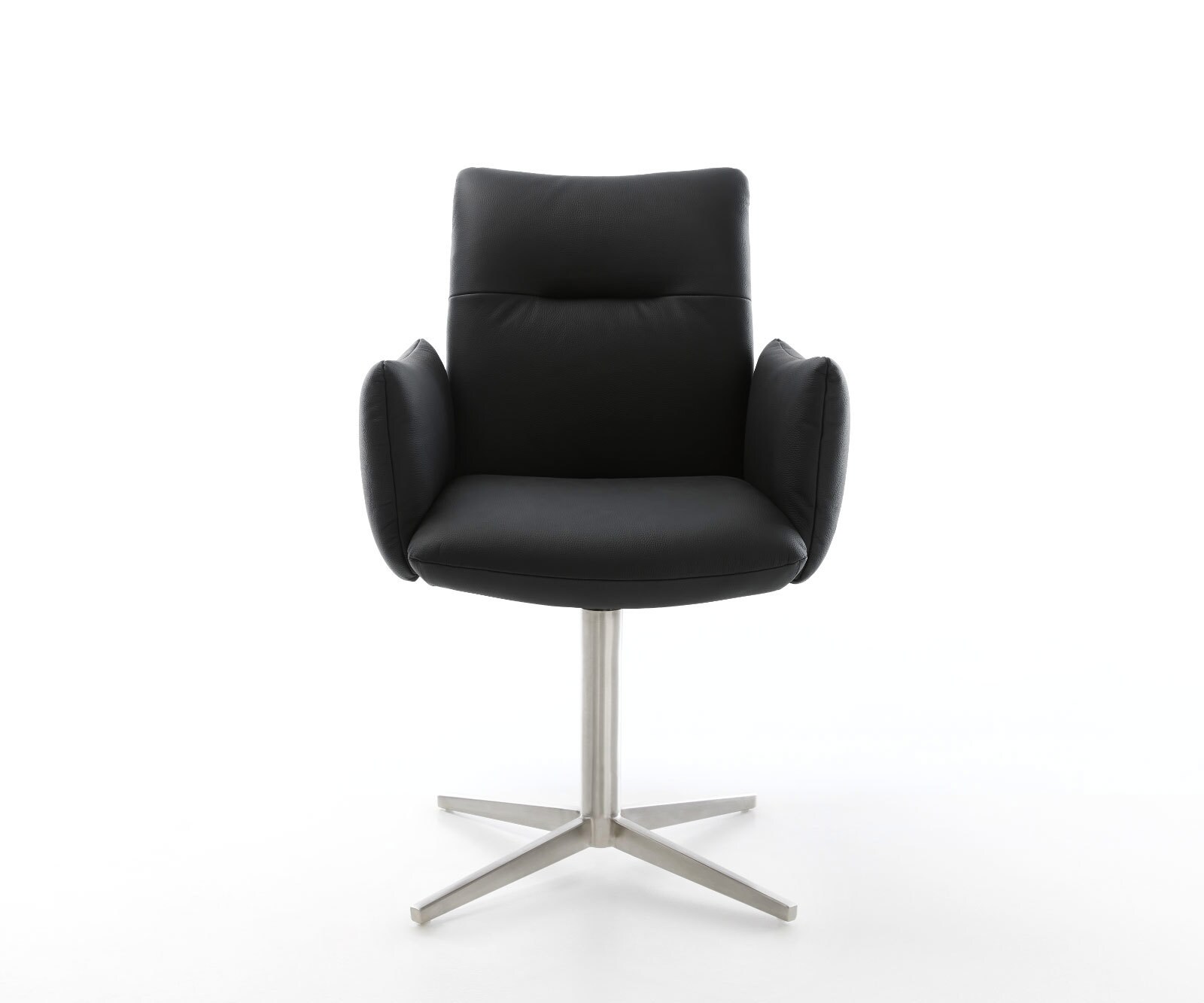 Врътящ се стол с подлакътници Естествена кожа Черен Офис основа Неръждаема стомана 360° въртящ се Покет пружина Jova-Flex 2