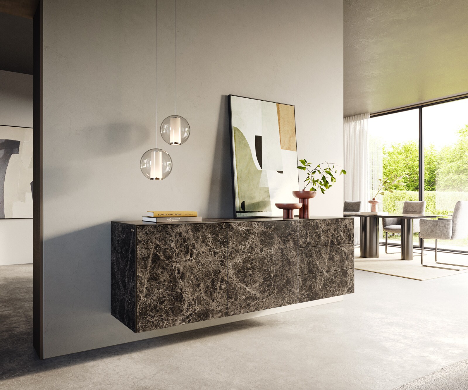 Бюфет Cuor 180 cm Керамичен ламинат® Emperador Extra Lucidato Тъмно кафяво 2 врати 3 чекмеджета Плаващ