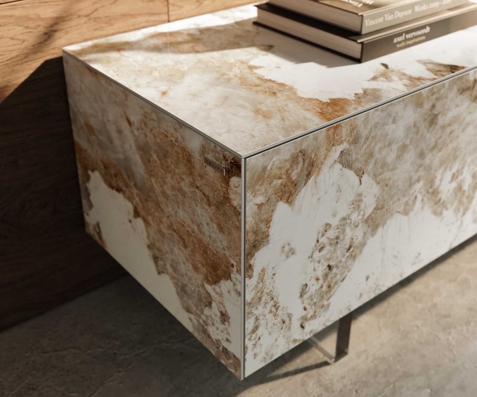 Ниска дъска Cuor 220 см Керамика Minas Melange Бяло-бежово 1 клапа 2 чекмеджета Основа Плаващ вид акрилно стъкло 6