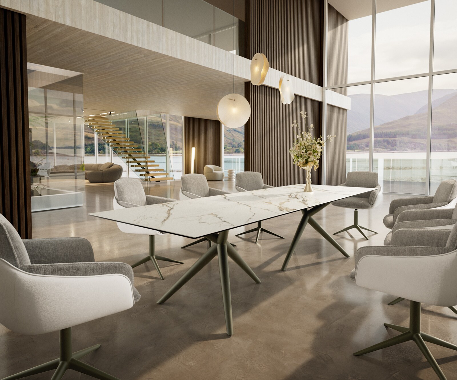 Трапезна маса Edge 300x100, керамика Calacatta Luxe, бяло-златно-сиво, Estelar, кръгла, метал, ефектно покритие „Титан“ 5