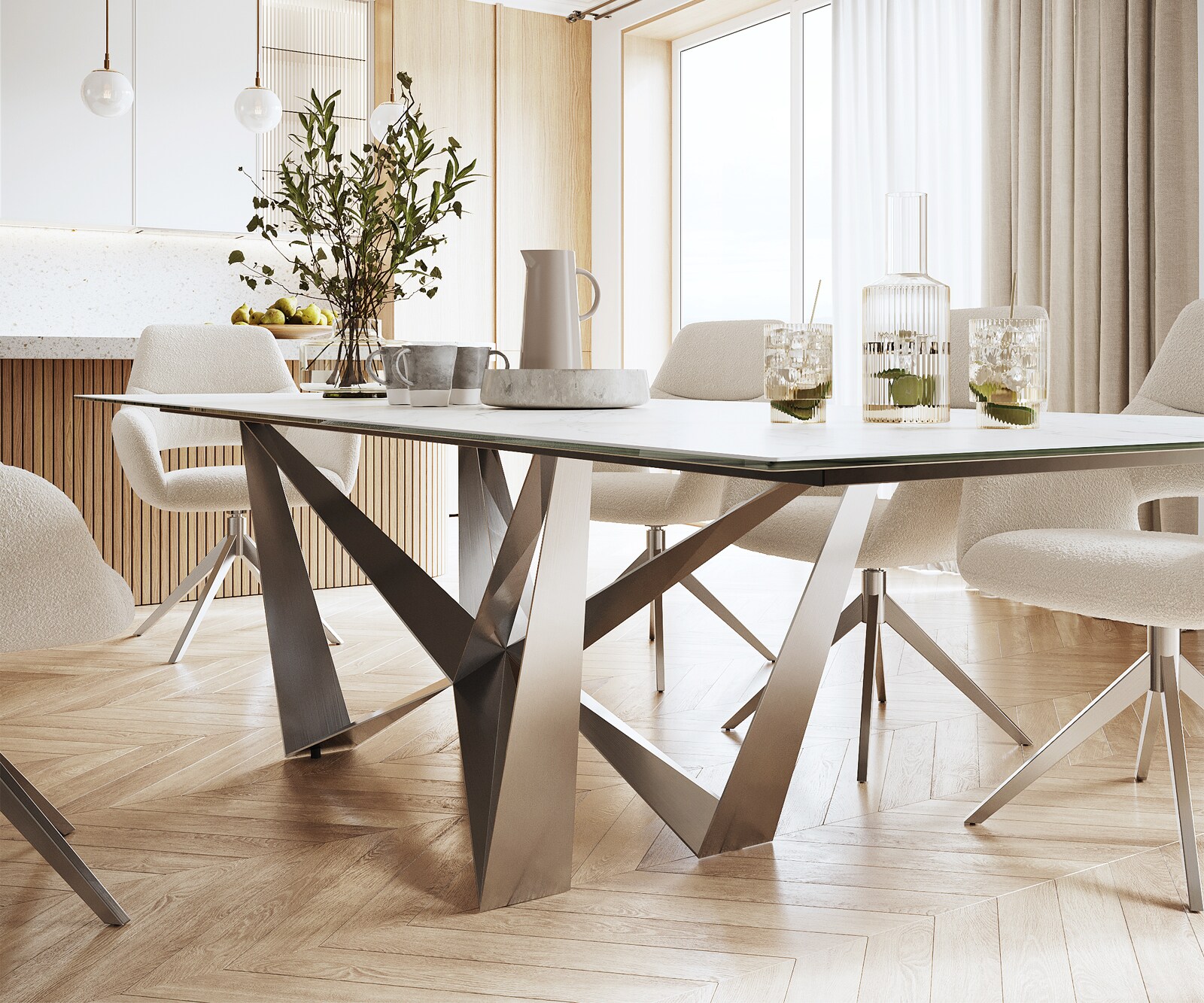 Маса 300x100cm Keramik Laminam®Statuarietto Бял Spider плоска стомана Неръждаема стомана Edge 4