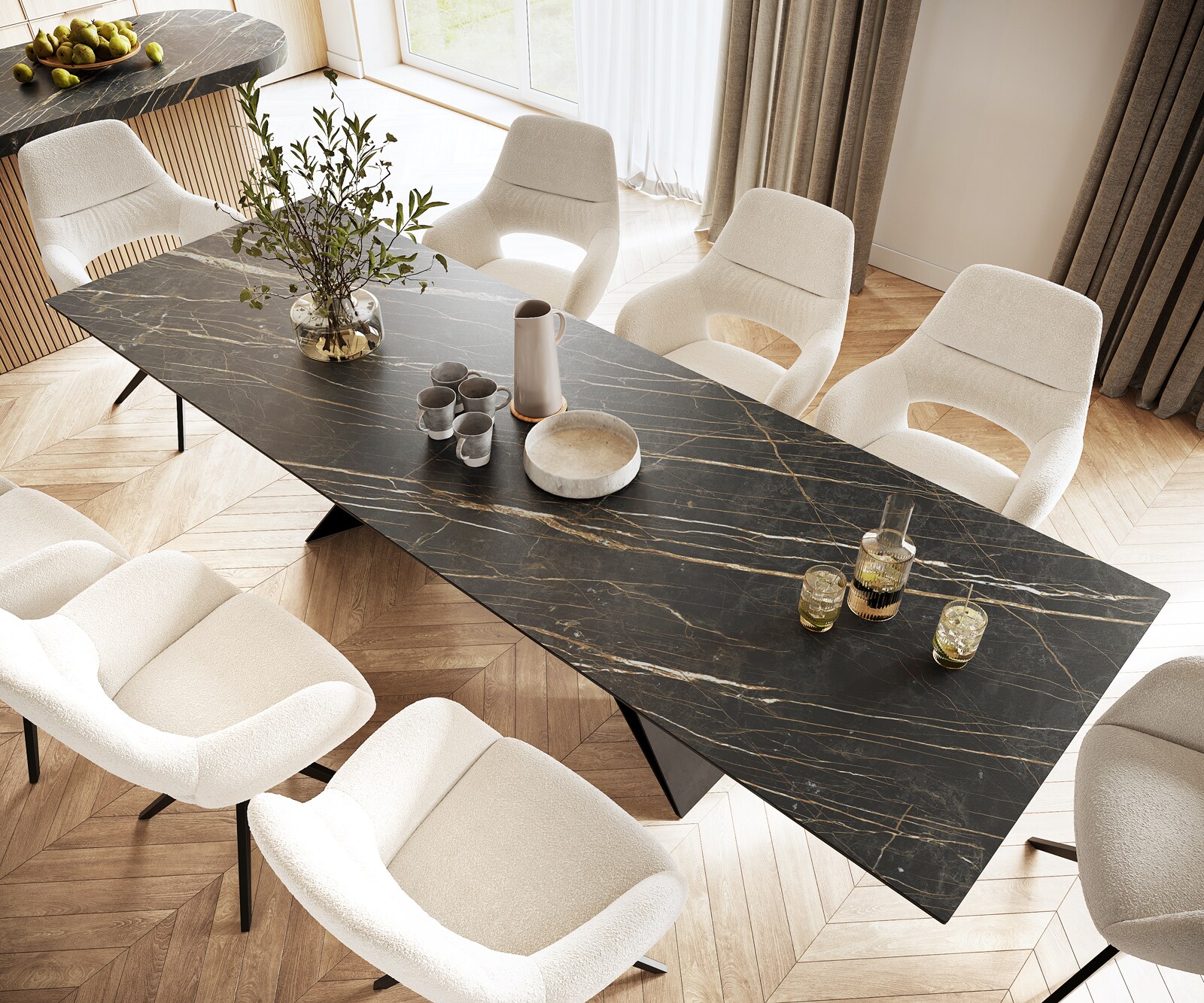 Маса 300x100cm Keramik Laminam®Noir Desir Кафяв V-среден крак Черен Edge 3