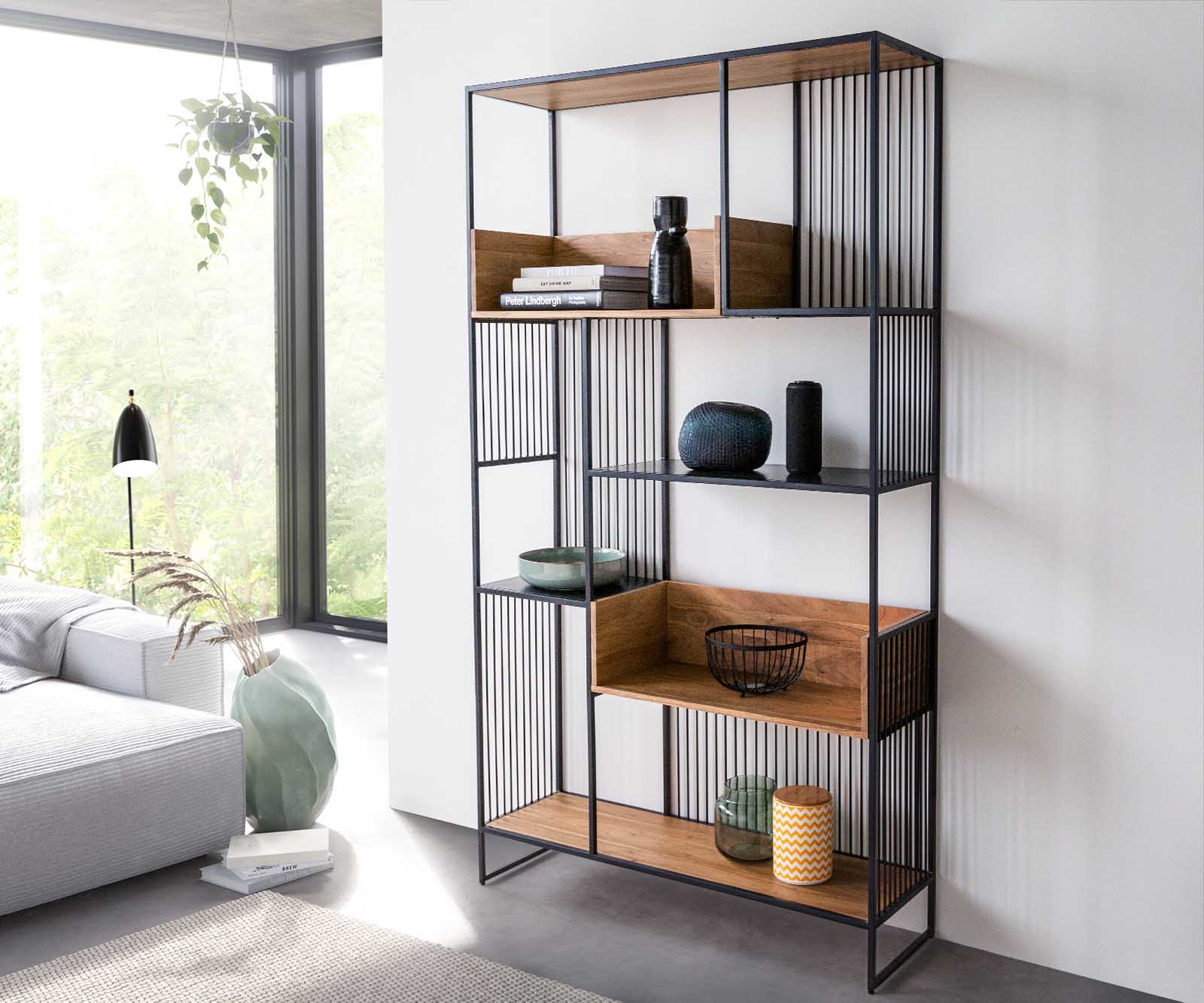 Библиотека Lukeo 115x200 cm естествена акация метал черен 1