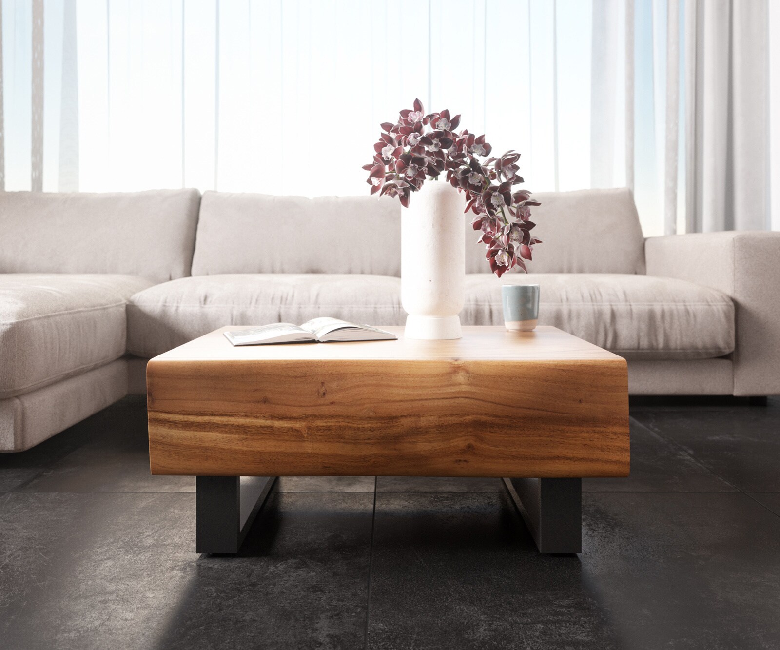 Масичка за кафе New Live-Edge 80x60 cm Acacia natural 2 чекмеджета Skid metal black 1