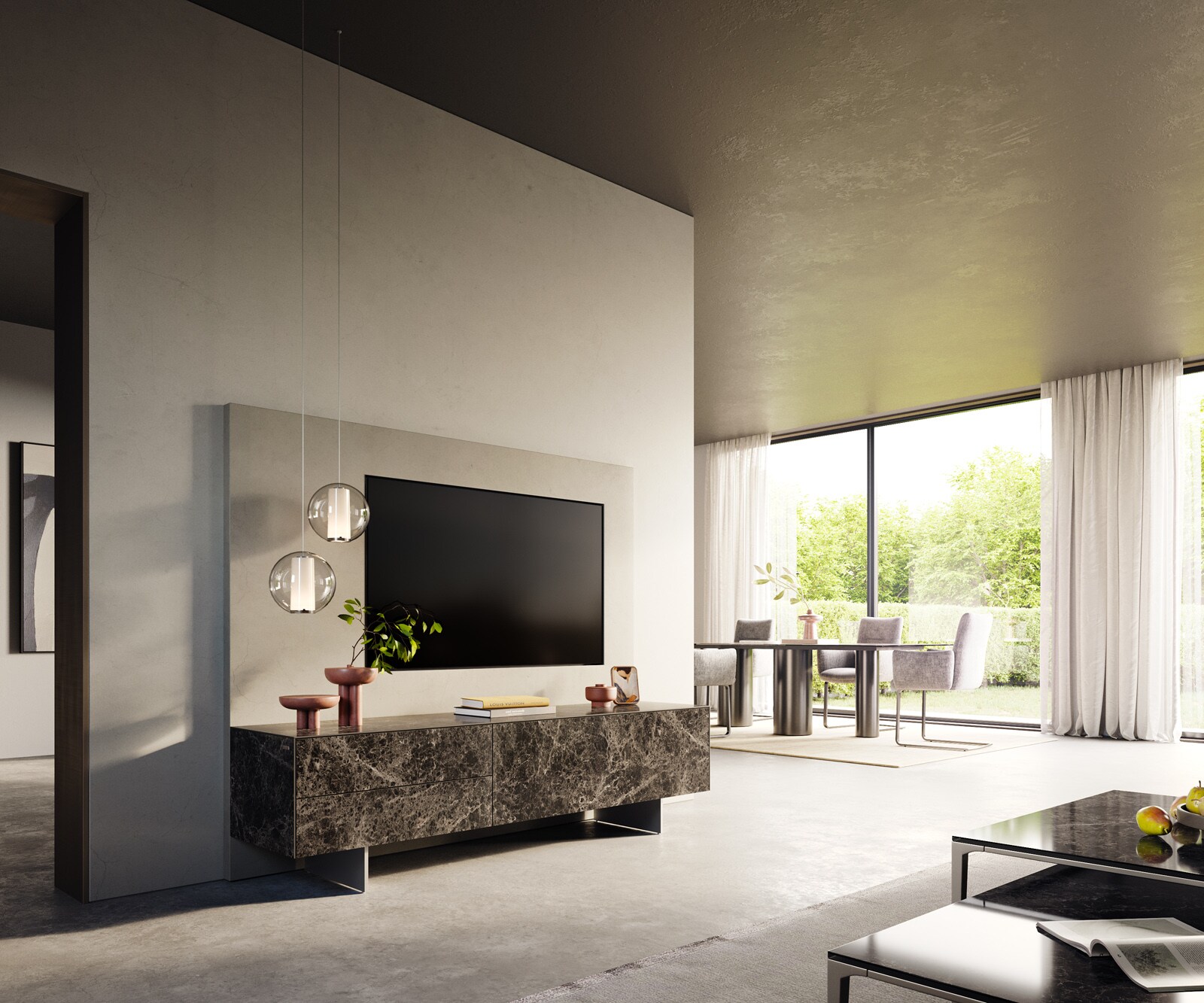 Ниска дъска Cuor 180 см керамика Ламинат® Emperador Extra Lucidato Тъмно кафяво 1 клапа 2 чекмеджета Основа Окачен вид неръждаема стомана 7