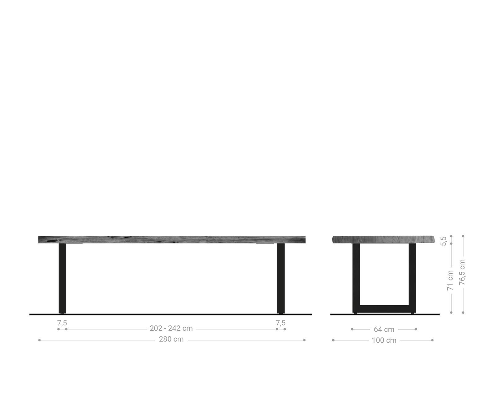 Маса 280x100cm XL Акация Натурал Неръждаема стомана Широк профил Edge 6
