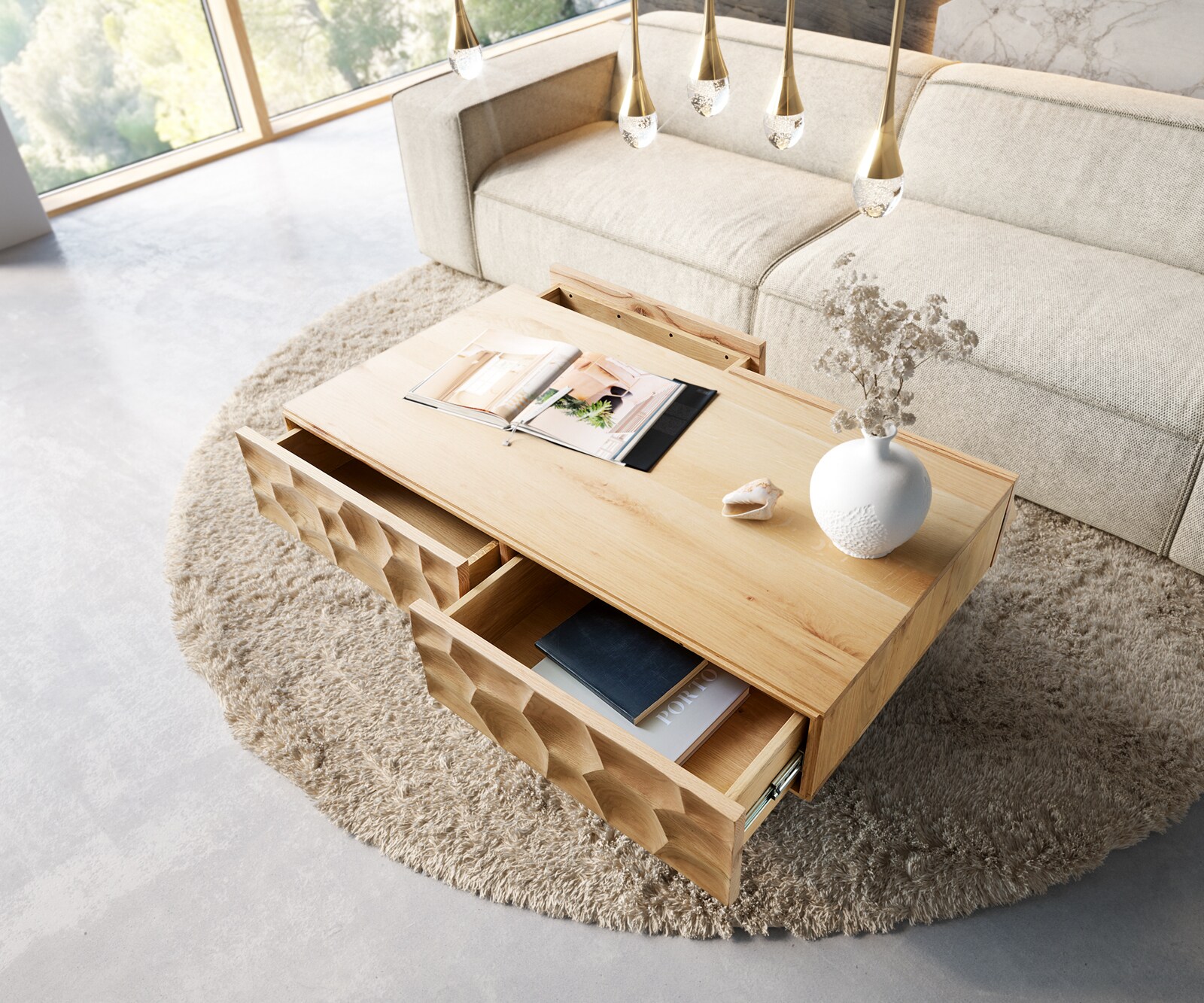 Холна маса 120x70 cm Дъб Натурал 4 Чекмеджета плаващ крак Метал Черен 3D-Front Solu 3